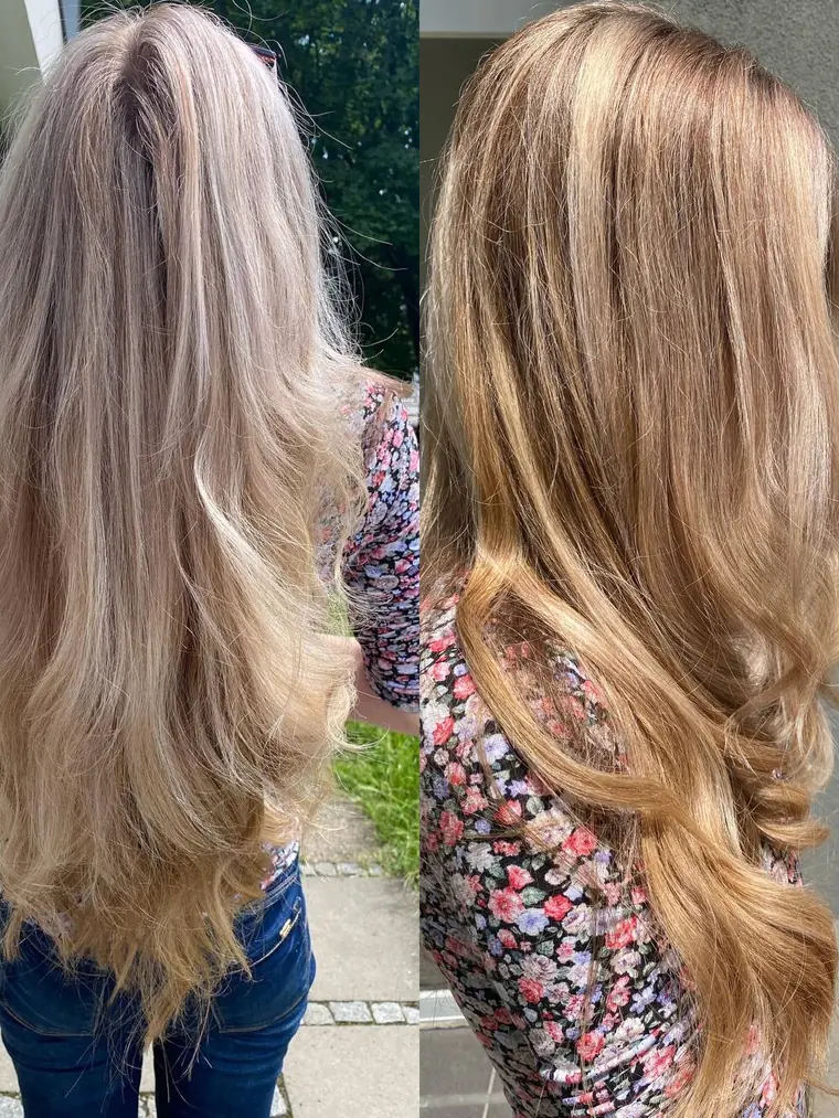Před a po: srovnání tónu na dlouhých blond vlasech