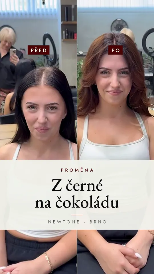 Před a po stažení černé barvy: klientka s černými vlasy a po proměně s čokoládově hnědými vlasy — salon Newtone Brno